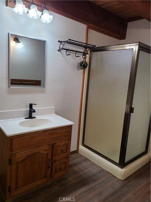 Bathroom, Glass Shower, Interior, Wood Texture Flooring
