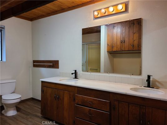 Bathroom, Dual Sink Vanities, Interior, Tile Countertops, Wooden Ceilings, Wood Texture Flooring