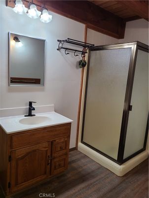 Bathroom, Glass Shower, Interior, Wood Texture Flooring