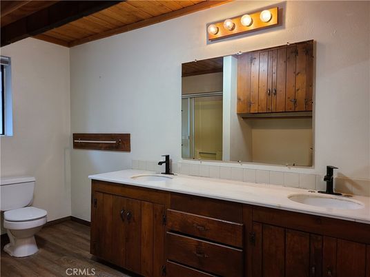 Bathroom, Dual Sink Vanities, Interior, Tile Countertops, Wooden Ceilings, Wood Texture Flooring