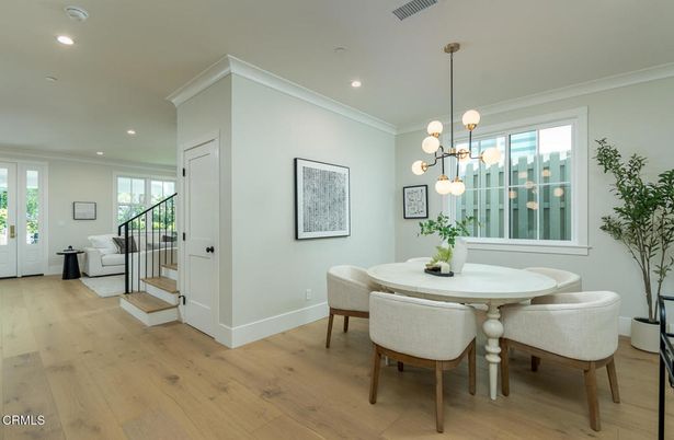 Dining room, Interior, Pendant Lights, Recessed Lighting, Wood Texture Flooring
