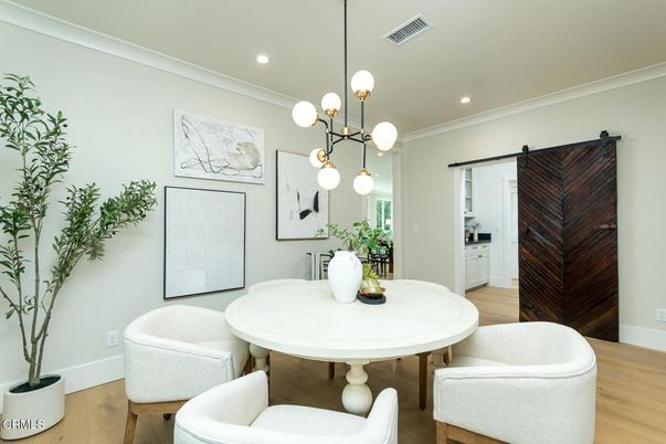 Dining room, Interior, Pendant Lights, Recessed Lighting, Wood Texture Flooring