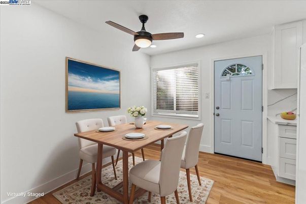 Dining room, Interior, Recessed Lighting, Wood Texture Flooring