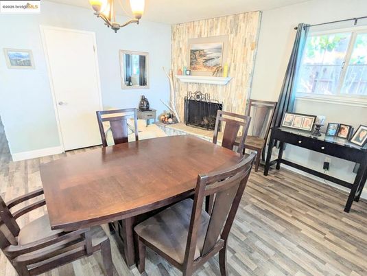 Dining room, Fireplace, Interior, Wood Texture Flooring