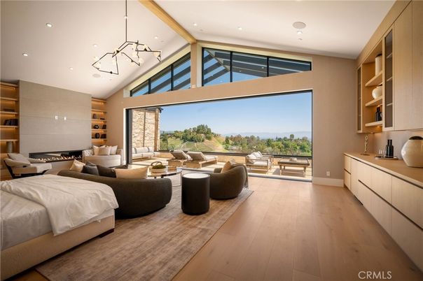 Bedroom, Fireplace, Interior, Living room, Pendant Lights, Recessed Lighting, Wood Texture Flooring
