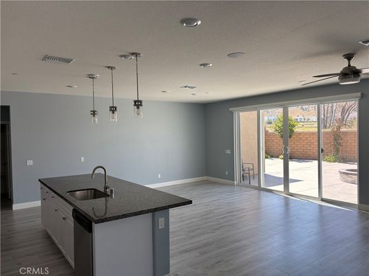 Empty room, Interior, Kitchen, Pendant Lights, Recessed Lighting, Wood Texture Flooring