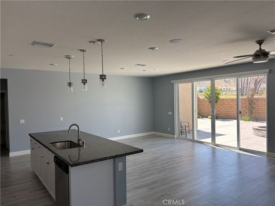Empty room, Interior, Kitchen, Pendant Lights, Recessed Lighting, Wood Texture Flooring