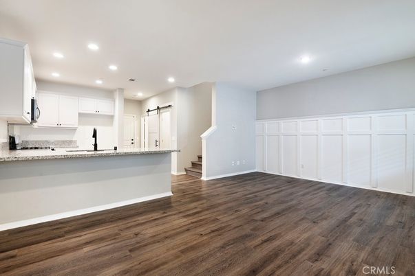 Empty room, Interior, Kitchen, Recessed Lighting, Wood Texture Flooring