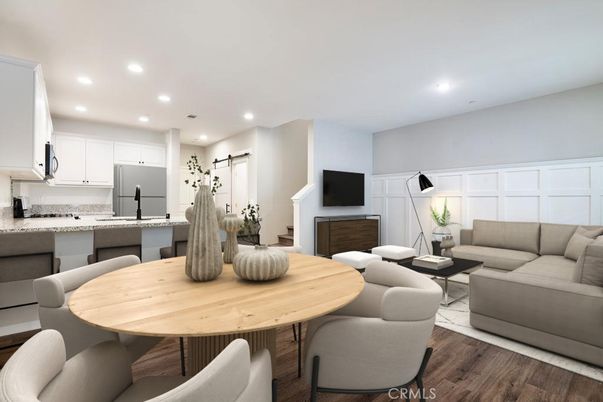 Dining room, Interior, Kitchen, Living room, Recessed Lighting, Wood Texture Flooring