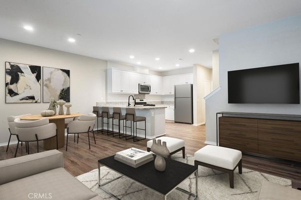 Dining room, Interior, Kitchen, Living room, Recessed Lighting, Stainless Steel Appliances, Wood Texture Flooring