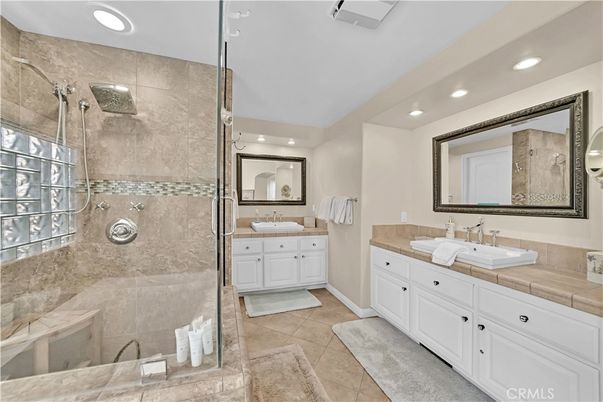 Bathroom, Dual Sink Vanities, Glass Shower, Interior, Recessed Lighting, Tile Countertops
