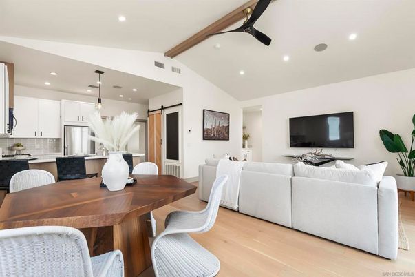 Dining room, Interior, Kitchen, Living room, Pendant Lights, Recessed Lighting, Stainless Steel Appliances, Wooden Beams, Wood Texture Flooring