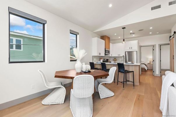 Dining room, Interior, Kitchen, Pendant Lights, Recessed Lighting, Stainless Steel Appliances, Wood Texture Flooring