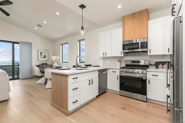 Interior, Kitchen, Pendant Lights, Recessed Lighting, Stainless Steel Appliances, Wood Texture Flooring