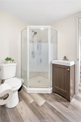 Bathroom, Glass Shower, Interior, Wood Texture Flooring