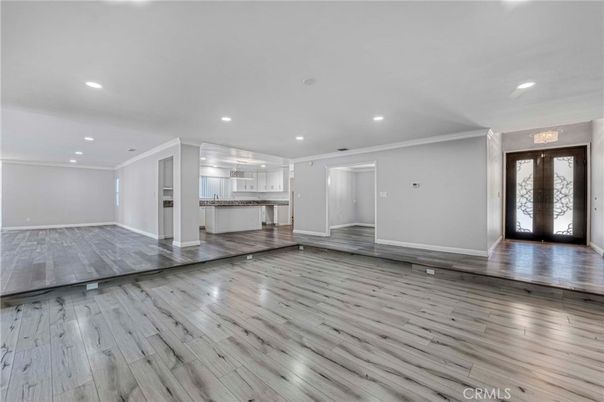 Empty room, Interior, Kitchen, Recessed Lighting, Wood Texture Flooring