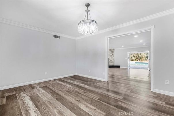 Chandelier, Empty room, Interior, Recessed Lighting, Wood Texture Flooring