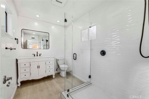 Bathroom, Glass Shower, Interior, Recessed Lighting, Wood Texture Flooring