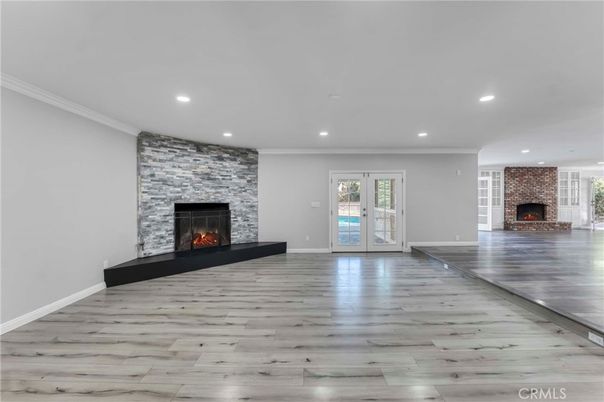 Empty room, Fireplace, Interior, Recessed Lighting, Wood Texture Flooring