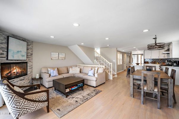Dining room, Fireplace, Interior, Kitchen, Living room, Pendant Lights, Recessed Lighting, Stone Walls, Wood Texture Flooring