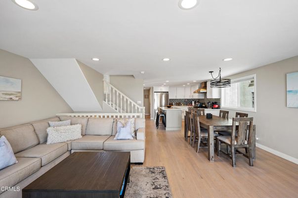 Dining room, Interior, Kitchen, Living room, Pendant Lights, Recessed Lighting, Stainless Steel Appliances, Wood Texture Flooring