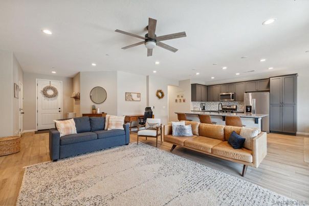 Interior, Kitchen, Living room, Recessed Lighting, Stainless Steel Appliances, Wood Texture Flooring