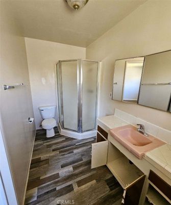 Bathroom, Glass Shower, Interior, Tile Countertops, Wood Texture Flooring