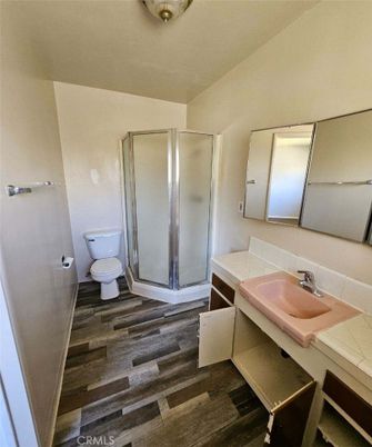 Bathroom, Glass Shower, Interior, Tile Countertops, Wood Texture Flooring