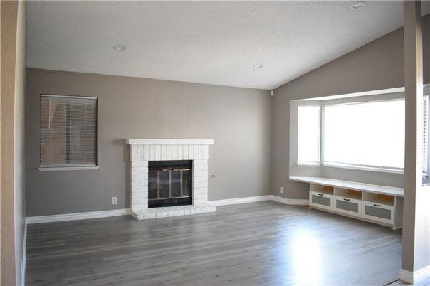 Empty room, Fireplace, Interior, Recessed Lighting, Wood Texture Flooring