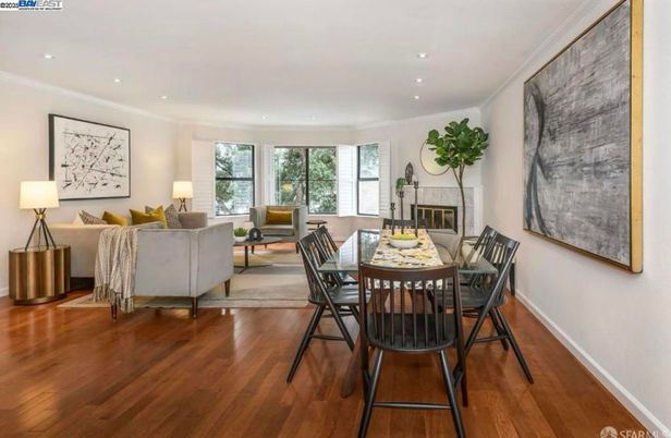 Dining room, Fireplace, Interior, Living room, Recessed Lighting, Wood Texture Flooring