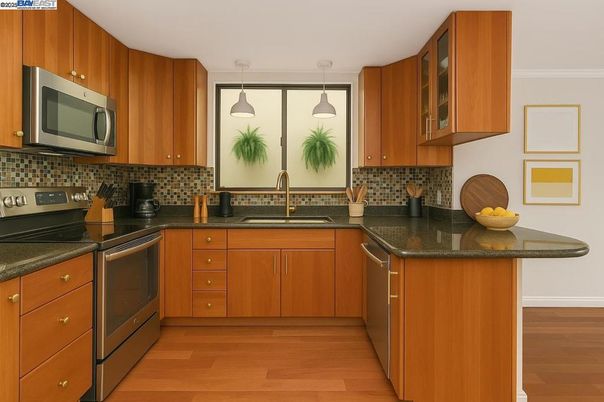 Interior, Kitchen, Pendant Lights, Wood Texture Flooring