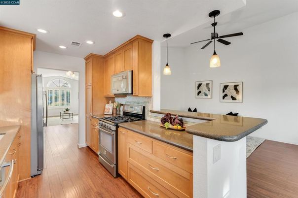 Interior, Kitchen, Pendant Lights, Recessed Lighting, Wood Texture Flooring