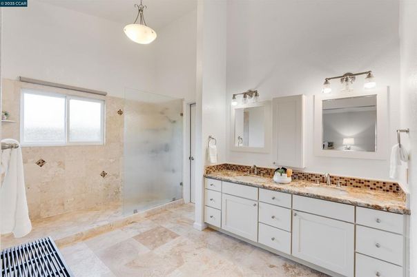 Bathroom, Dual Sink Vanities, Glass Shower, Interior, Pendant Lights