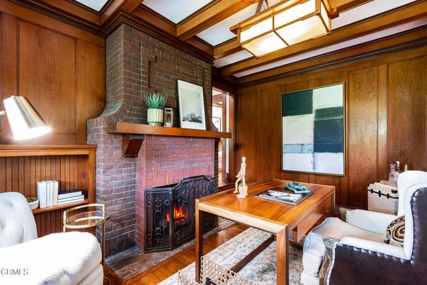 Fireplace, Home Office, Interior, Stone Walls, Wooden Beams, Wood Texture Flooring, Wooden Walls