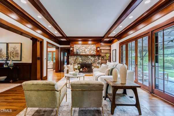 Fireplace, Interior, Living room, Recessed Lighting, Stone Walls, Wooden Beams, Wood Texture Flooring, Wooden Walls