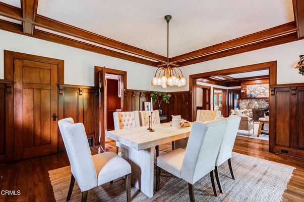 Dining room, Fireplace, Interior, Living room, Pendant Lights, Wood Texture Flooring