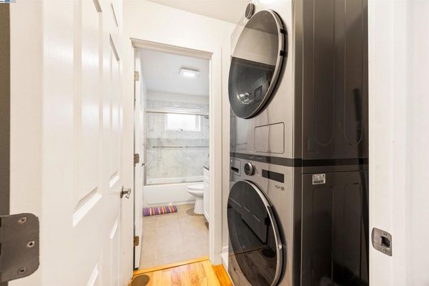 Bathroom, Interior, Marble Walls, Utility Closets, Washer, Wood Texture Flooring