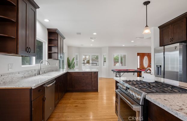 Interior, Kitchen, Pendant Lights, Recessed Lighting, Stainless Steel Appliances, Wood Texture Flooring