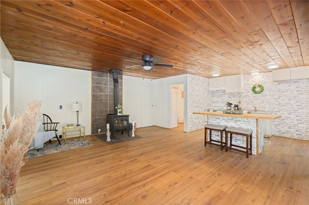 Fireplace, Interior, Kitchen, Stone Walls, Wooden Ceilings, Wood Texture Flooring