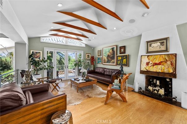 Fireplace, Interior, Living room, Recessed Lighting, Wooden Beams, Wood Texture Flooring