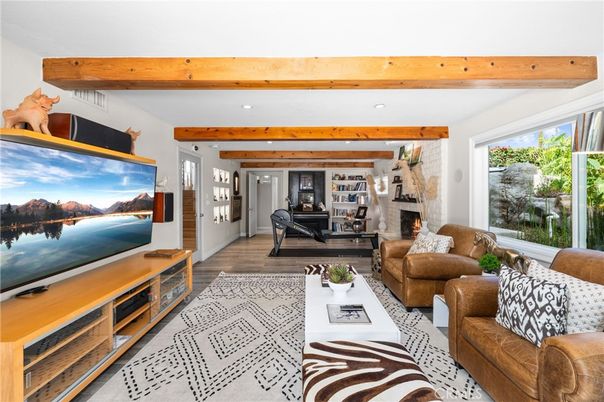 Fireplace, Interior, Living room, Recessed Lighting, Wooden Beams, Wood Texture Flooring