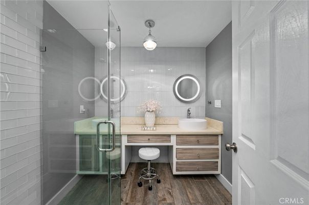 Bathroom, Glass Shower, Interior, Wood Texture Flooring