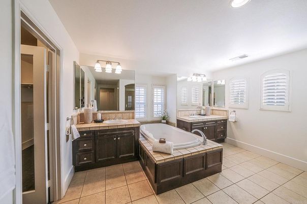 Bathroom, Dual Sink Vanities, Interior, Recessed Lighting, Tile Countertops