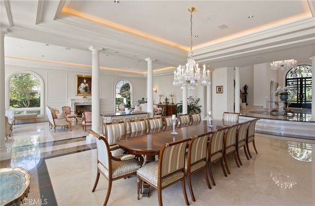 Chandelier, Dining room, Fireplace, Interior, Living room, Recessed Lighting