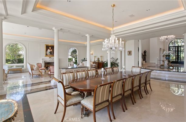 Chandelier, Dining room, Fireplace, Interior, Living room, Recessed Lighting
