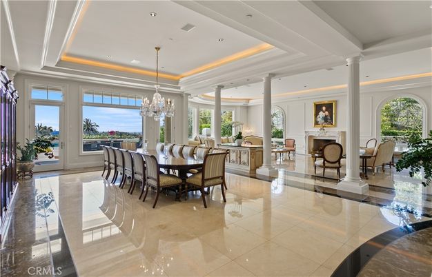 Chandelier, Dining room, Fireplace, Interior, Recessed Lighting