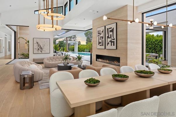 Dining room, Fireplace, Interior, Living room, Pendant Lights, Recessed Lighting, Wood Texture Flooring