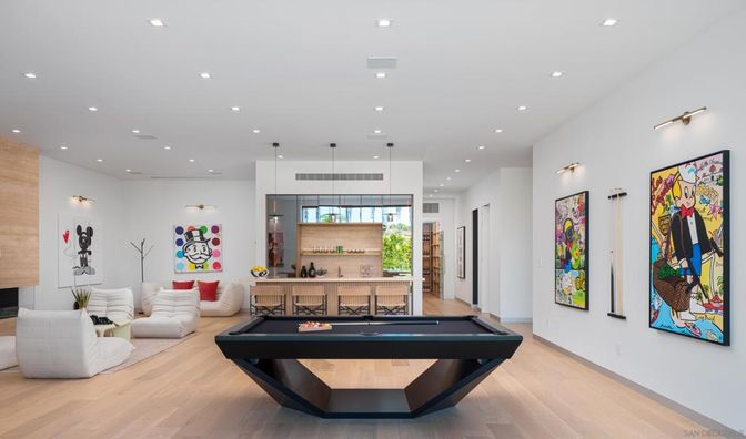 Billiard Table, Game Room, Interior, Pendant Lights, Recessed Lighting, Wood Texture Flooring