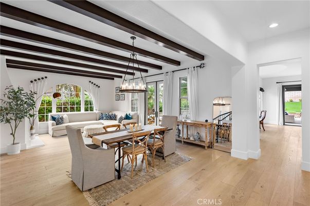 Dining room, Interior, Living room, Pendant Lights, Recessed Lighting, Wooden Beams, Wood Texture Flooring