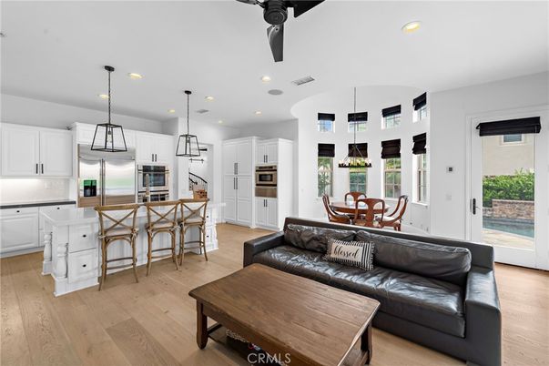 Dining room, Interior, Kitchen, Living room, Pendant Lights, Recessed Lighting, Stainless Steel Appliances, Wood Texture Flooring